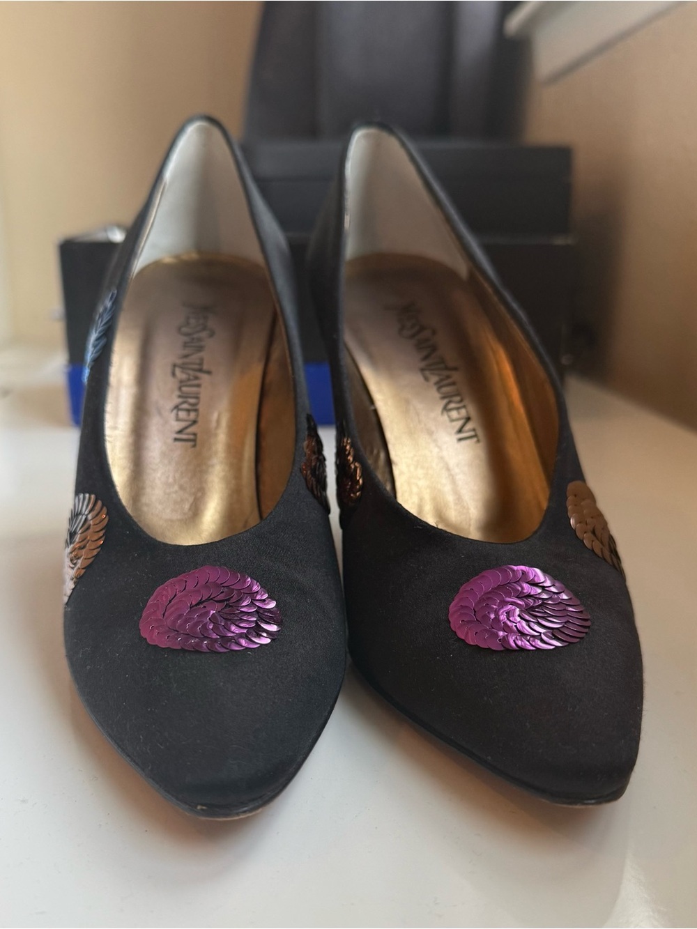 Yves Saint Laurent Black Satin Pumps with Blue and Gold Sequin Medallions - Picture 3 of 13